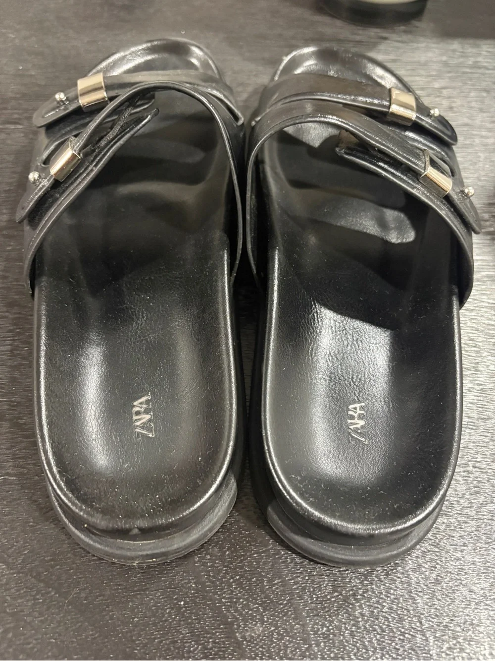 Zara Black Slide Sandals with Silver Accents - Picture 2 of 7
